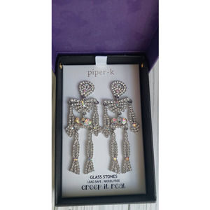 Piper K Halloween Glass Stone Skeleton Earrings 3" Long